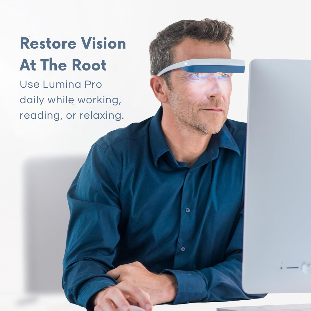 Man wearing a futuristic headband looking at a computer screen.