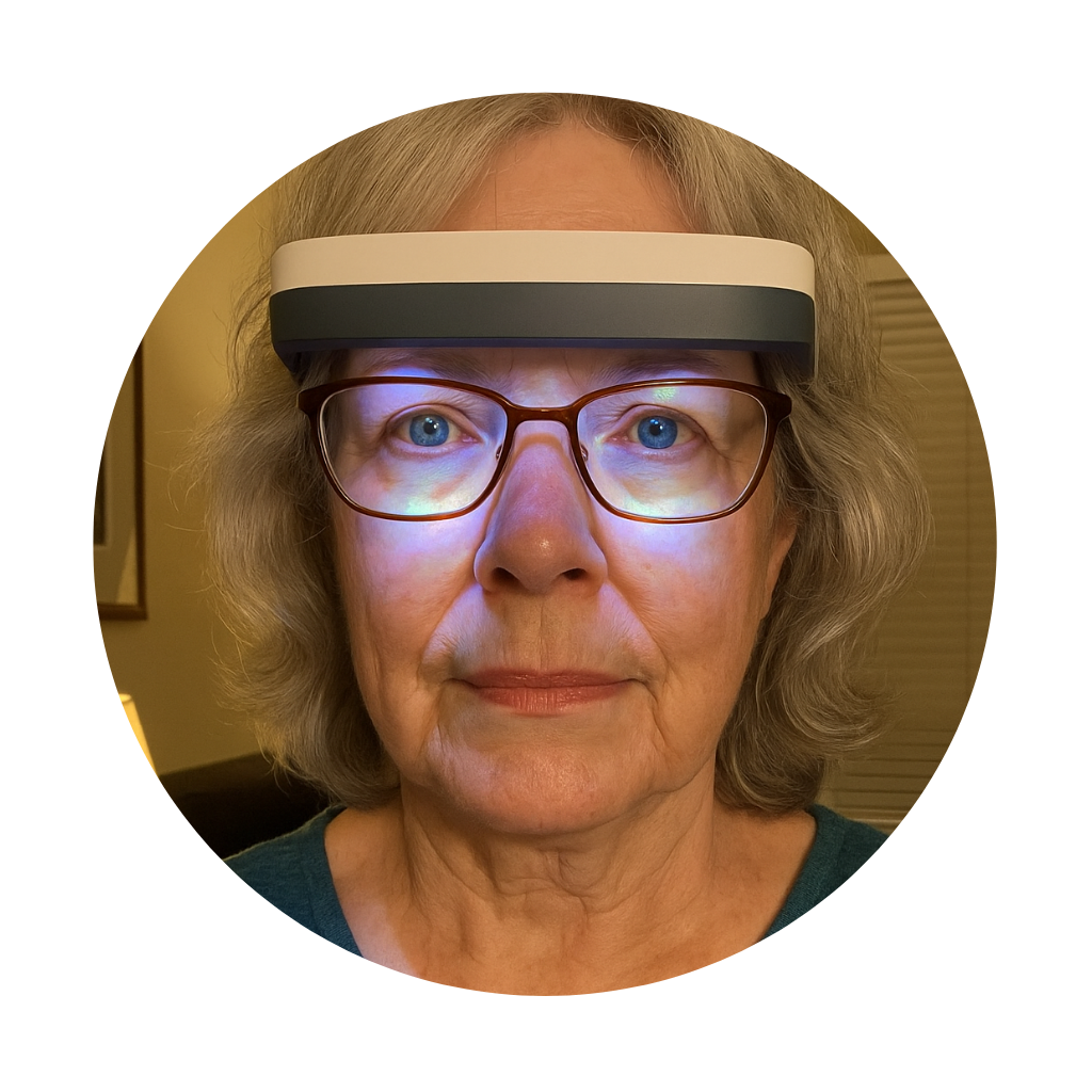 Woman wearing a device on her forehead with a glowing light.