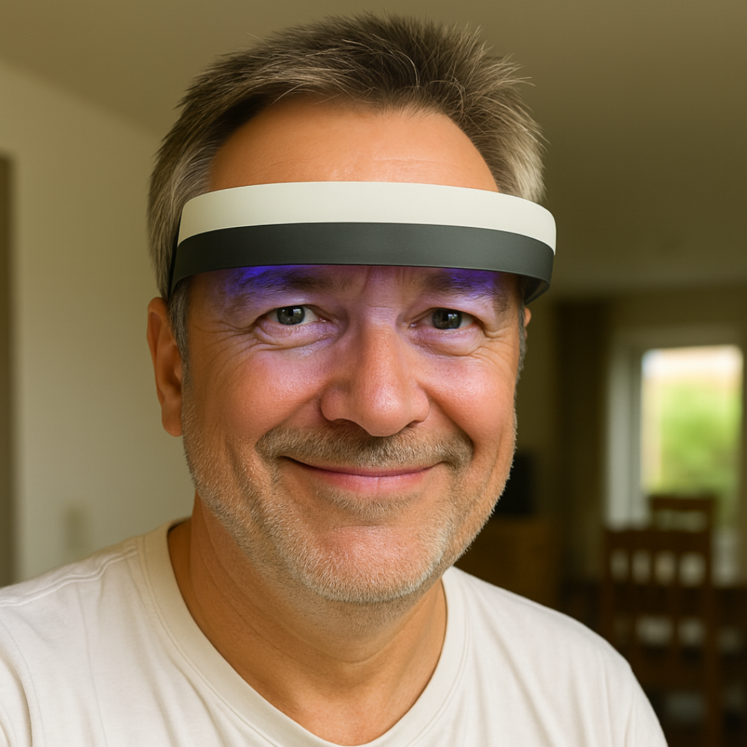 Smiling man wearing a headband device indoors.