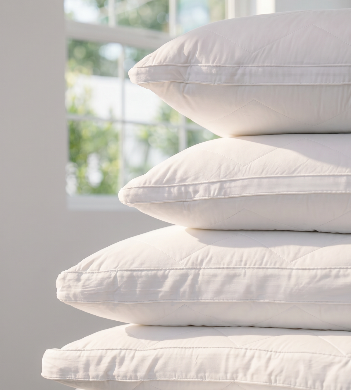 Pillows styled in a softly lit bedroom