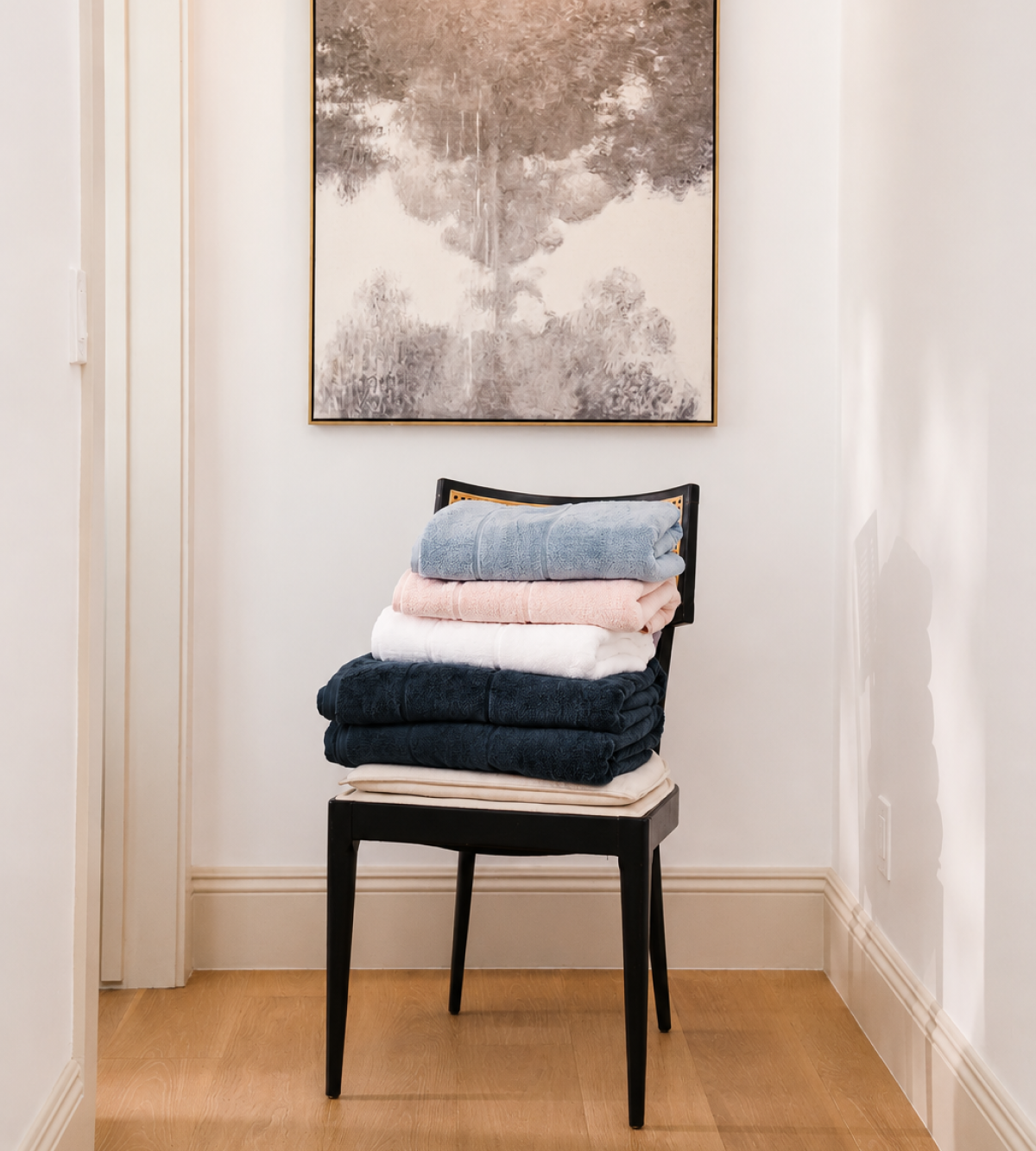 A stack of folded towels in various colors sits on a black chair in a hallway.