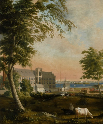 A painting of a rural landscape with cows grazing near a large factory building by a harbor town.