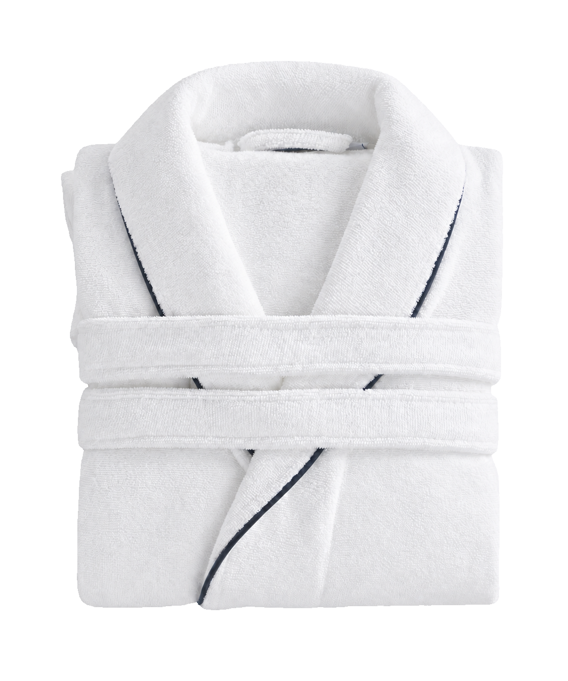 White Egyptian cotton robe with navy piping, folded