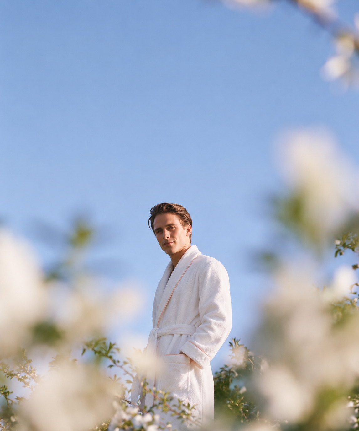 Man in a white robe standing in a sunlit field