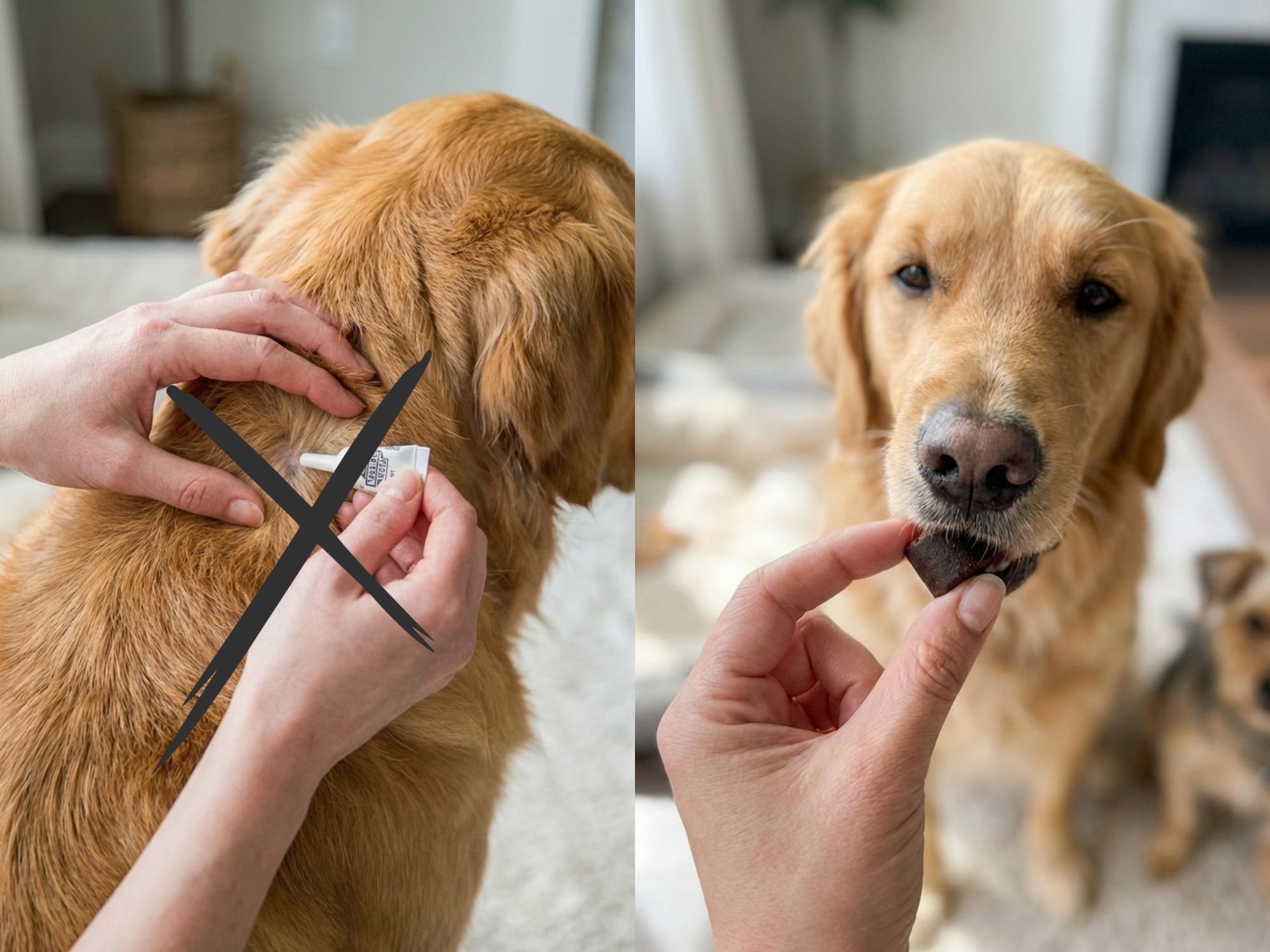 A split image shows a crossed-out topical medication on a dog, beside a hand feeding a dog a treat.