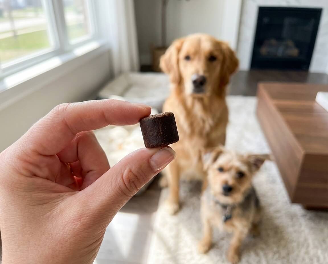 A hand holds a small, brown treat in front of a golden retriever and a small terrier.