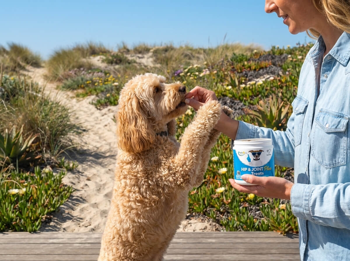 A woman gives a treat to a curly-haired dog standing on its hind legs on a beach boardwalk.