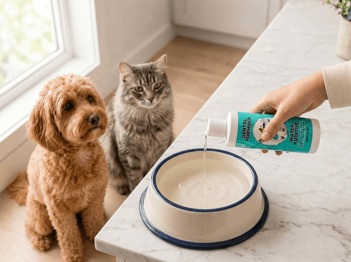 A dog and cat watch as someone pours a dental water additive into their water bowl.