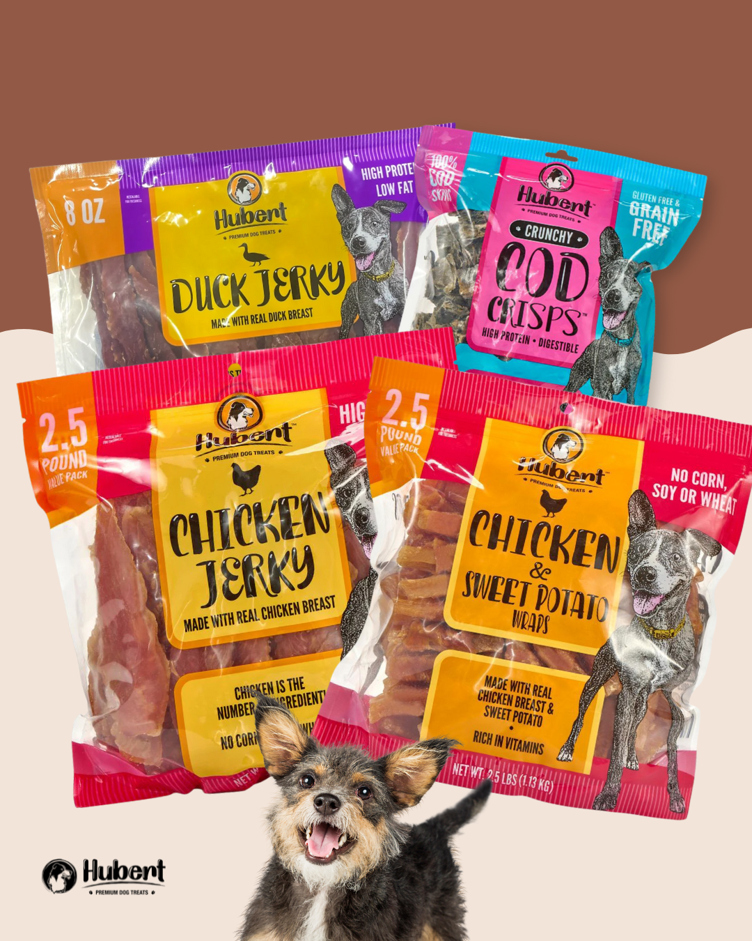 Various Hubert dog treat packages with a happy dog in front.