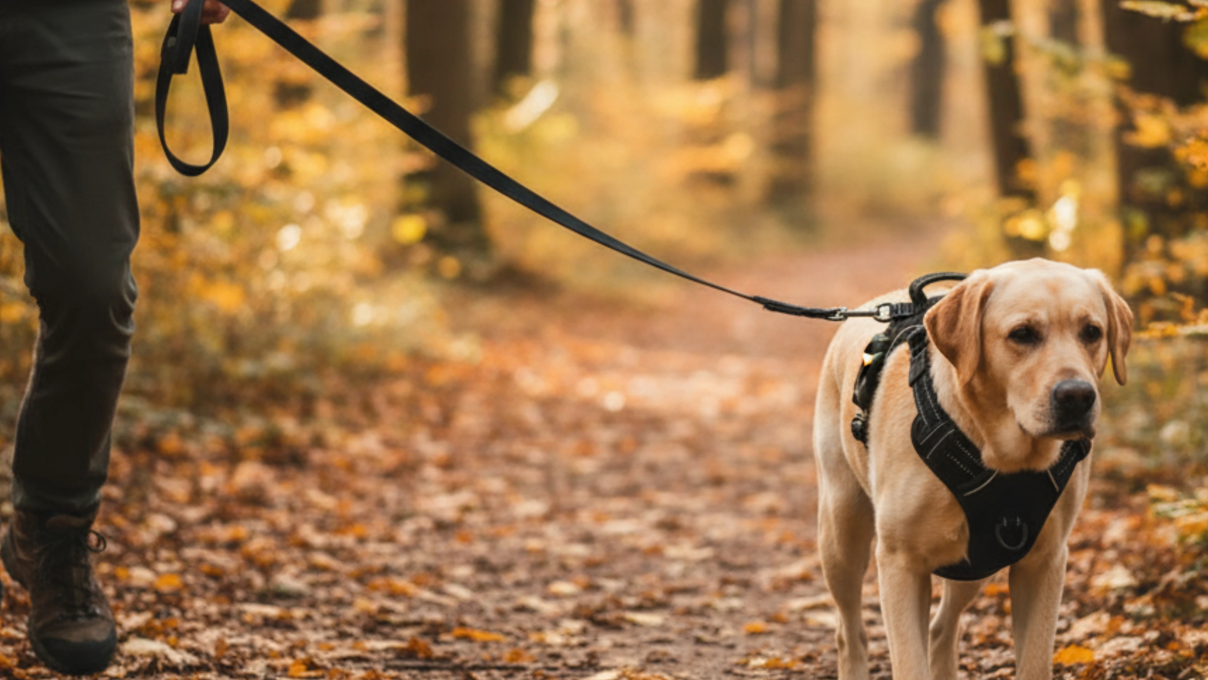 Person walking a dog on a leash through a forest with autumn leaves.