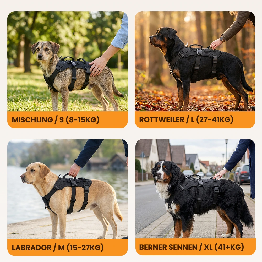A collage of four different dog breeds, each wearing the same style of black support harness.