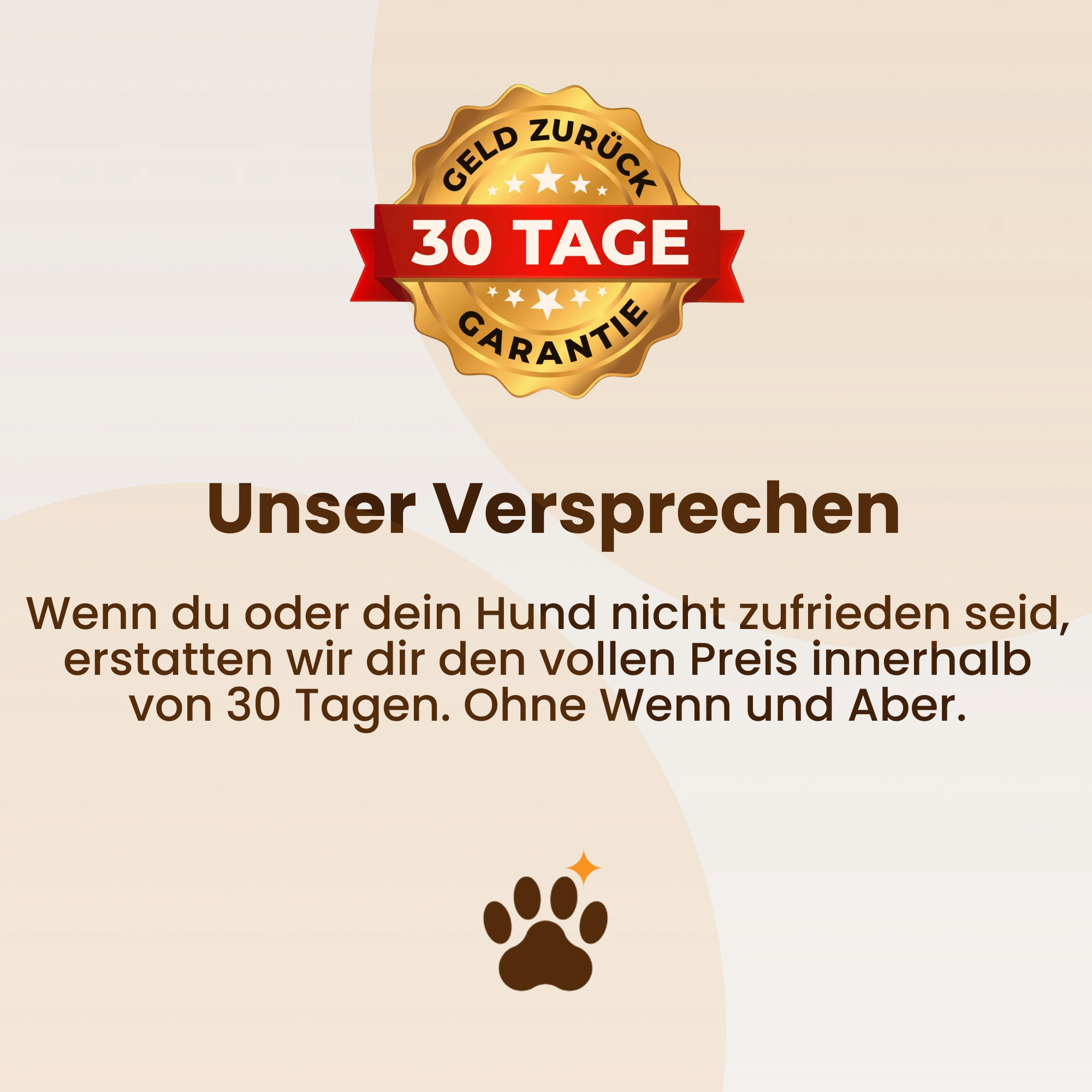 A German graphic for a 30-day money-back guarantee, with a seal and a paw print icon.