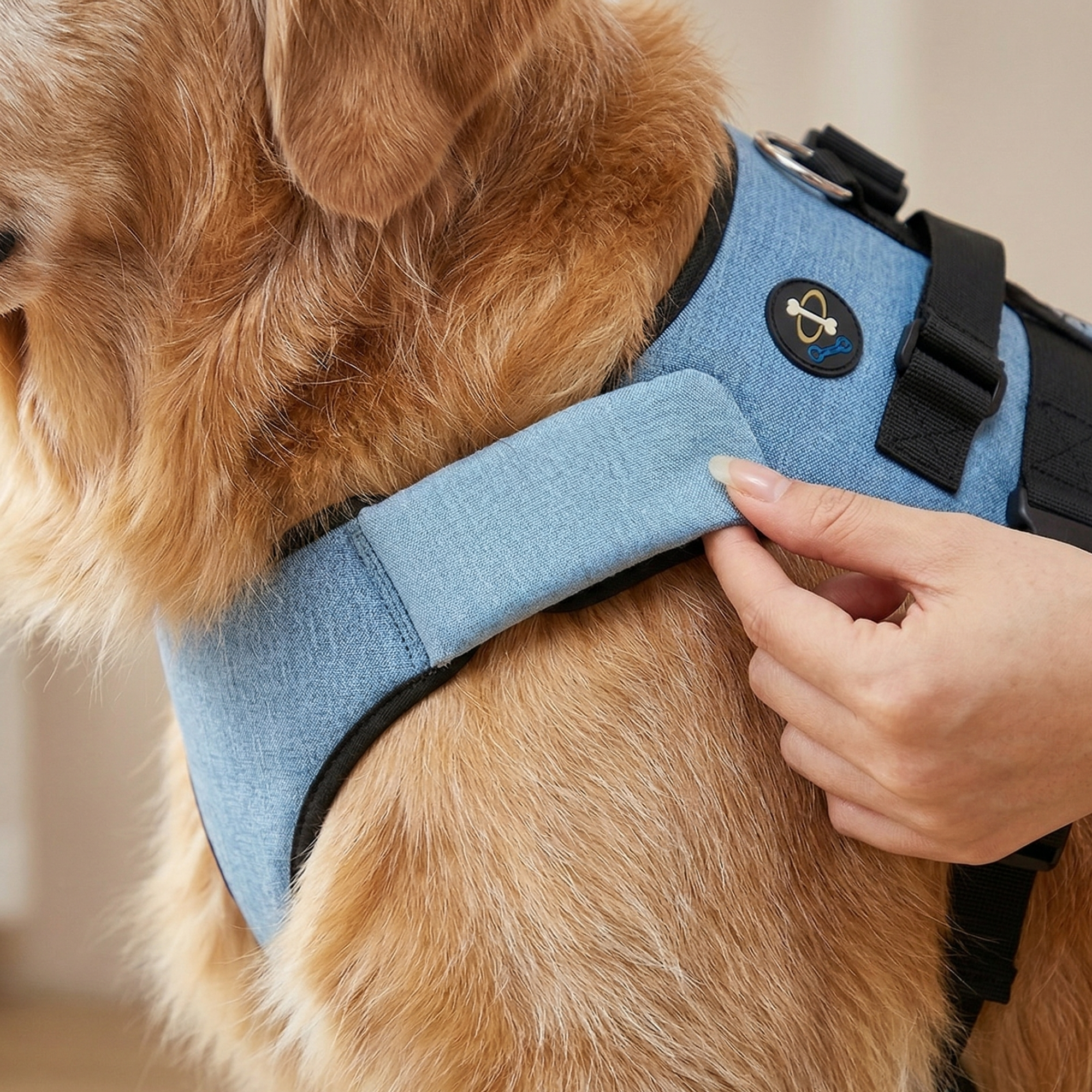 A close-up of a person's hand adjusting a light blue harness on a golden-haired dog.