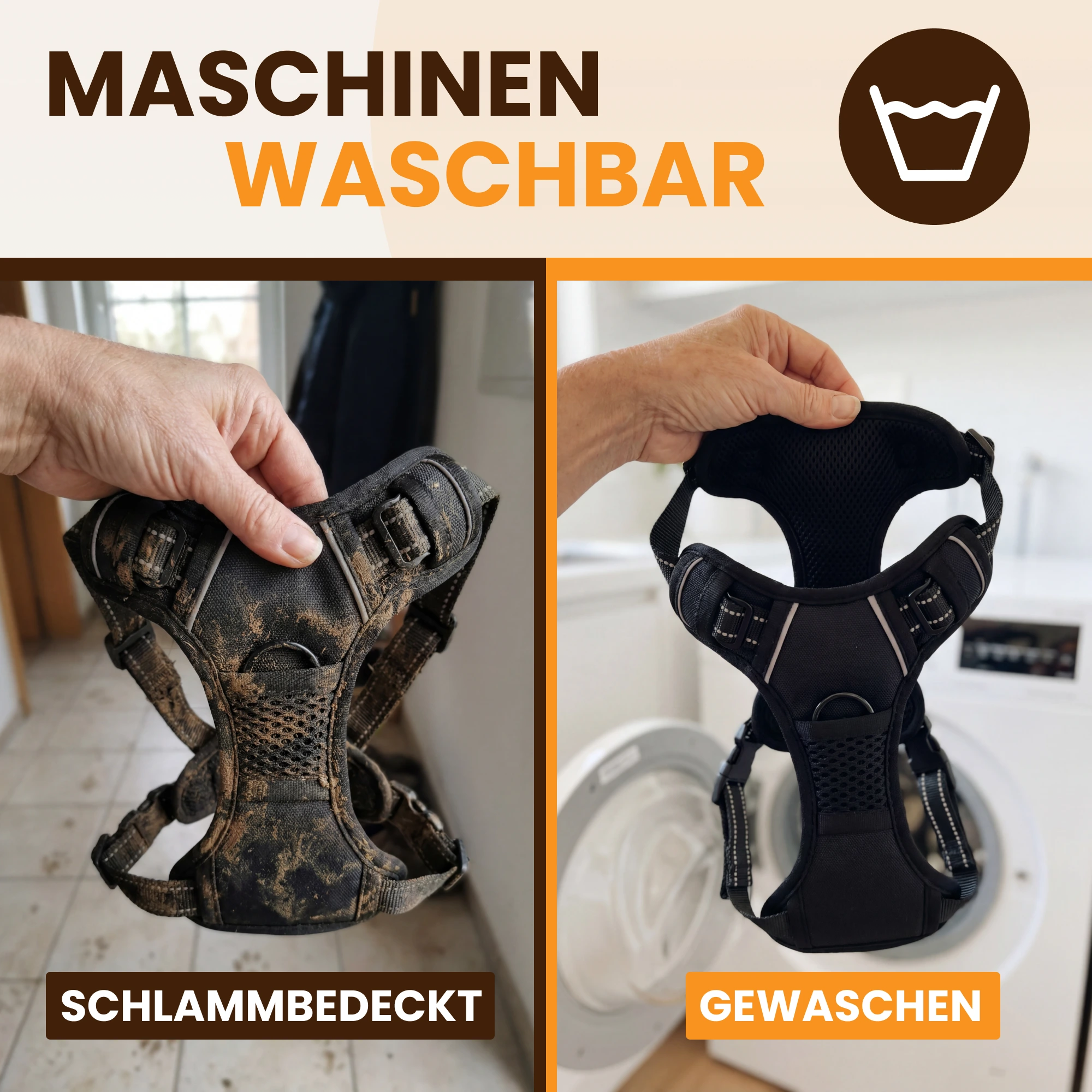 A split image showing a muddy dog harness before being machine washed and the clean harness after.