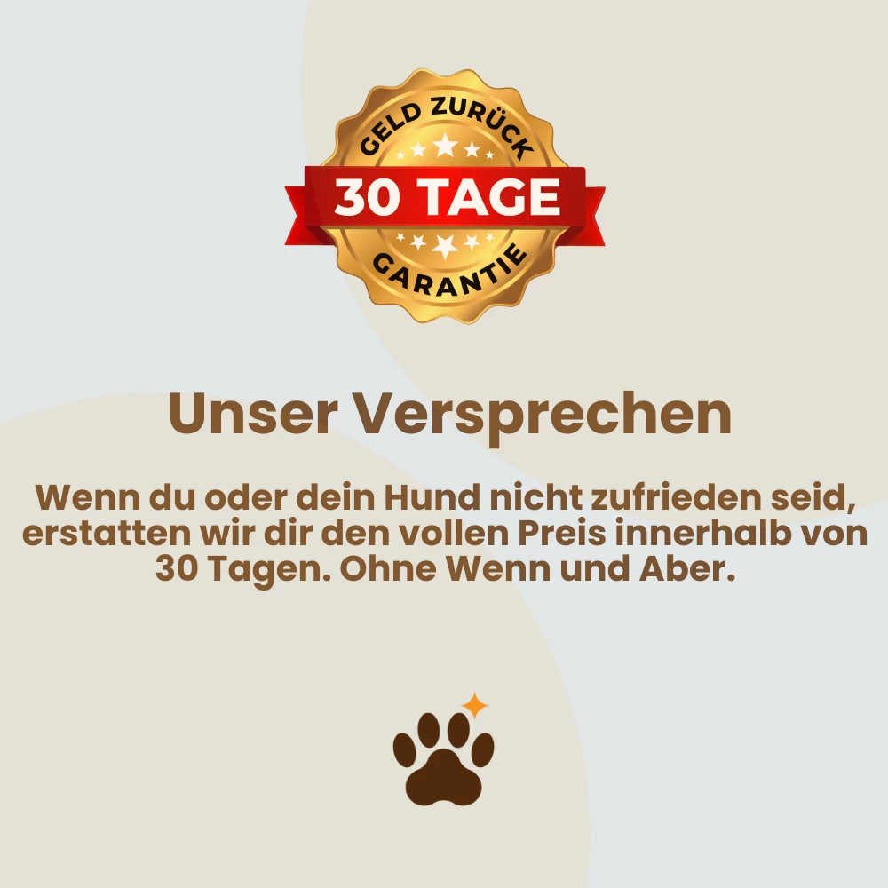 A graphic with German text advertising a 30-day money-back guarantee with a golden seal and a paw print.