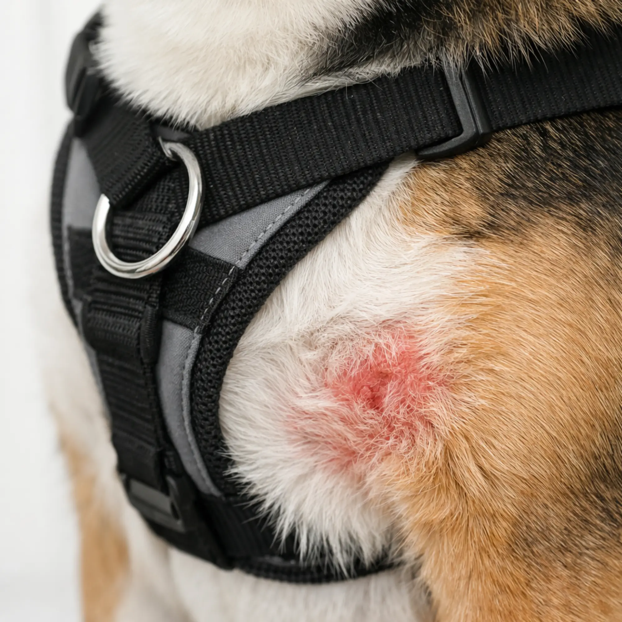 A close-up of a dog's irritated red skin chafing under a black and grey harness.