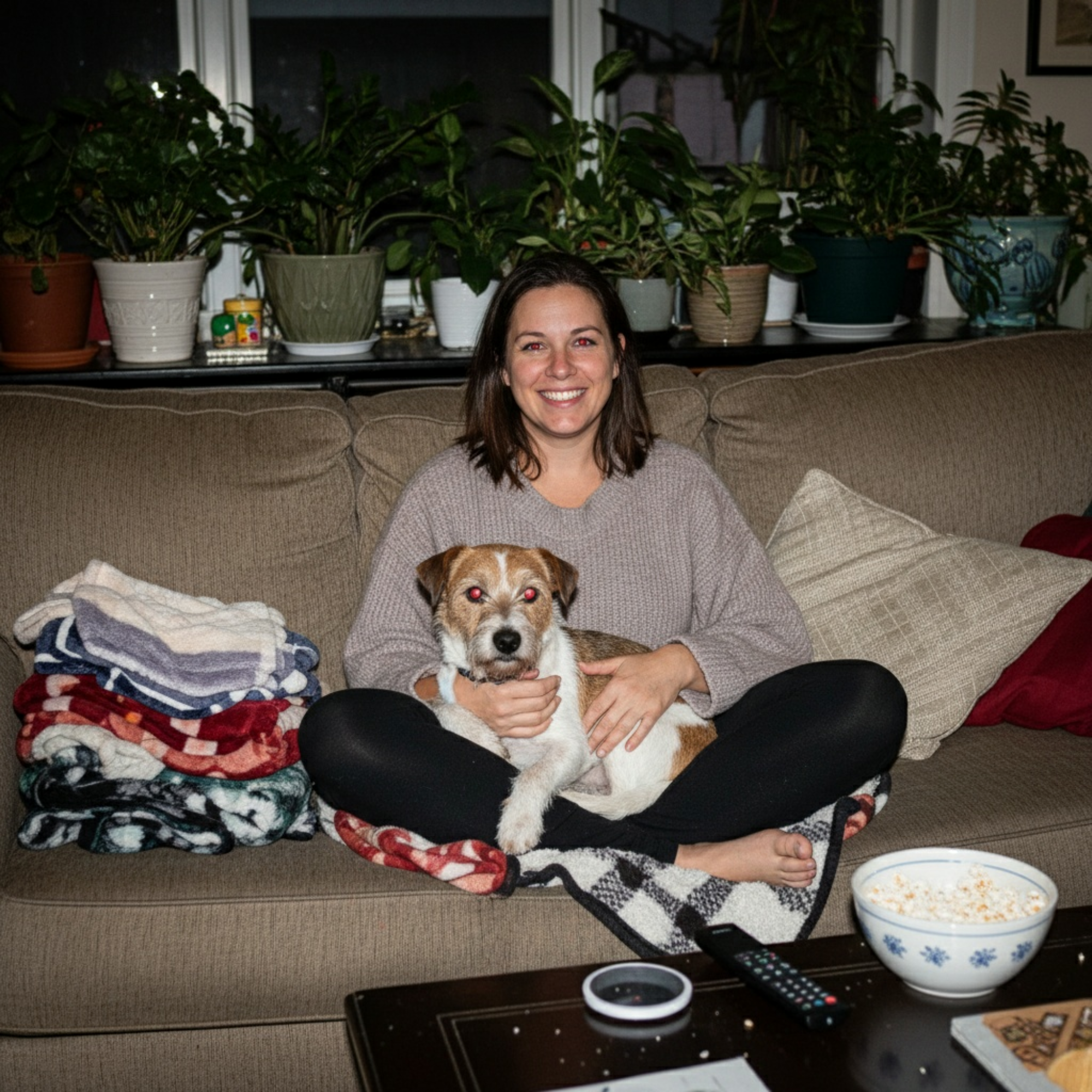 Woman sitting on a couch with a dog, surrounded by plants and blankets.