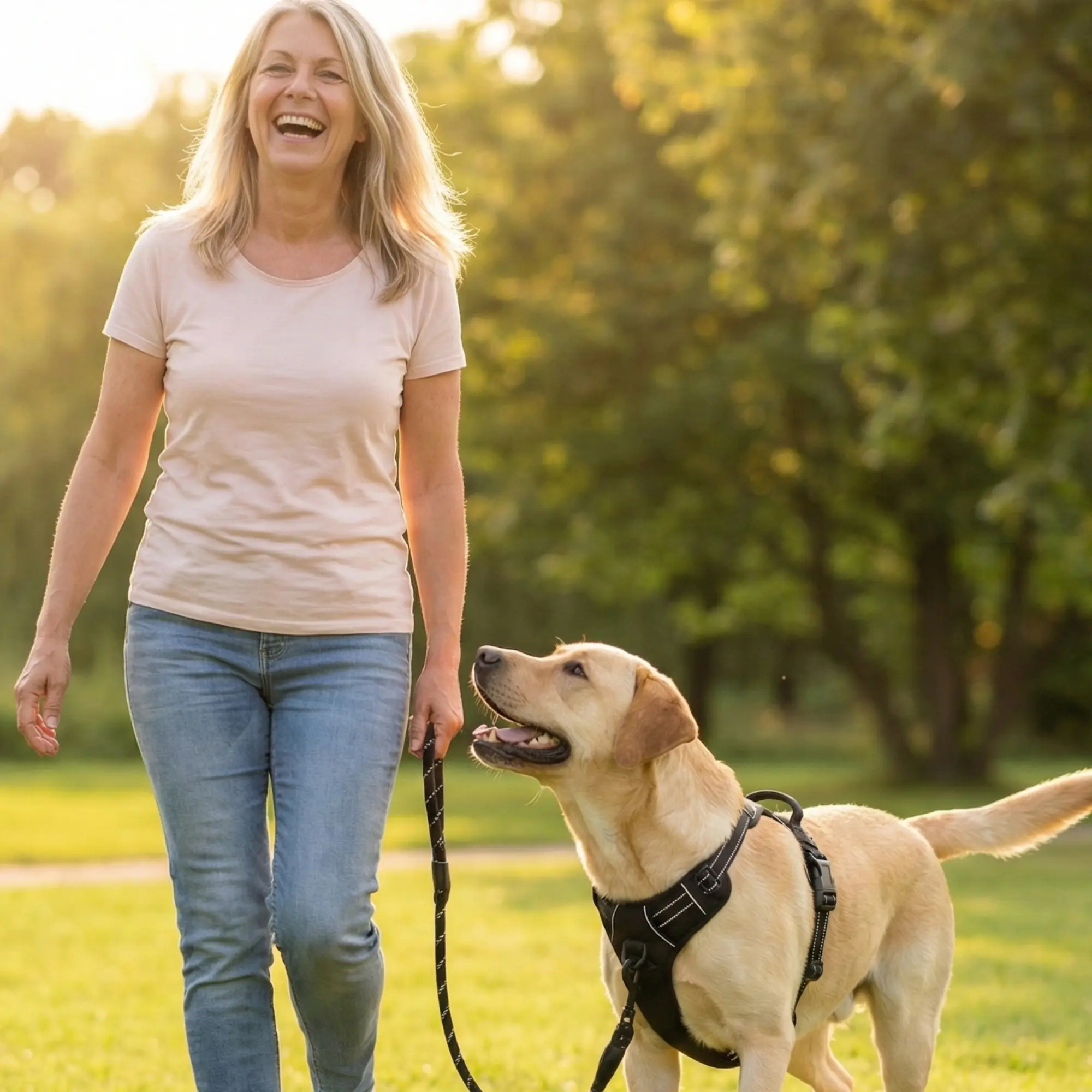 A laughing woman walks her yellow Labrador retriever on a leash in a sunny park.