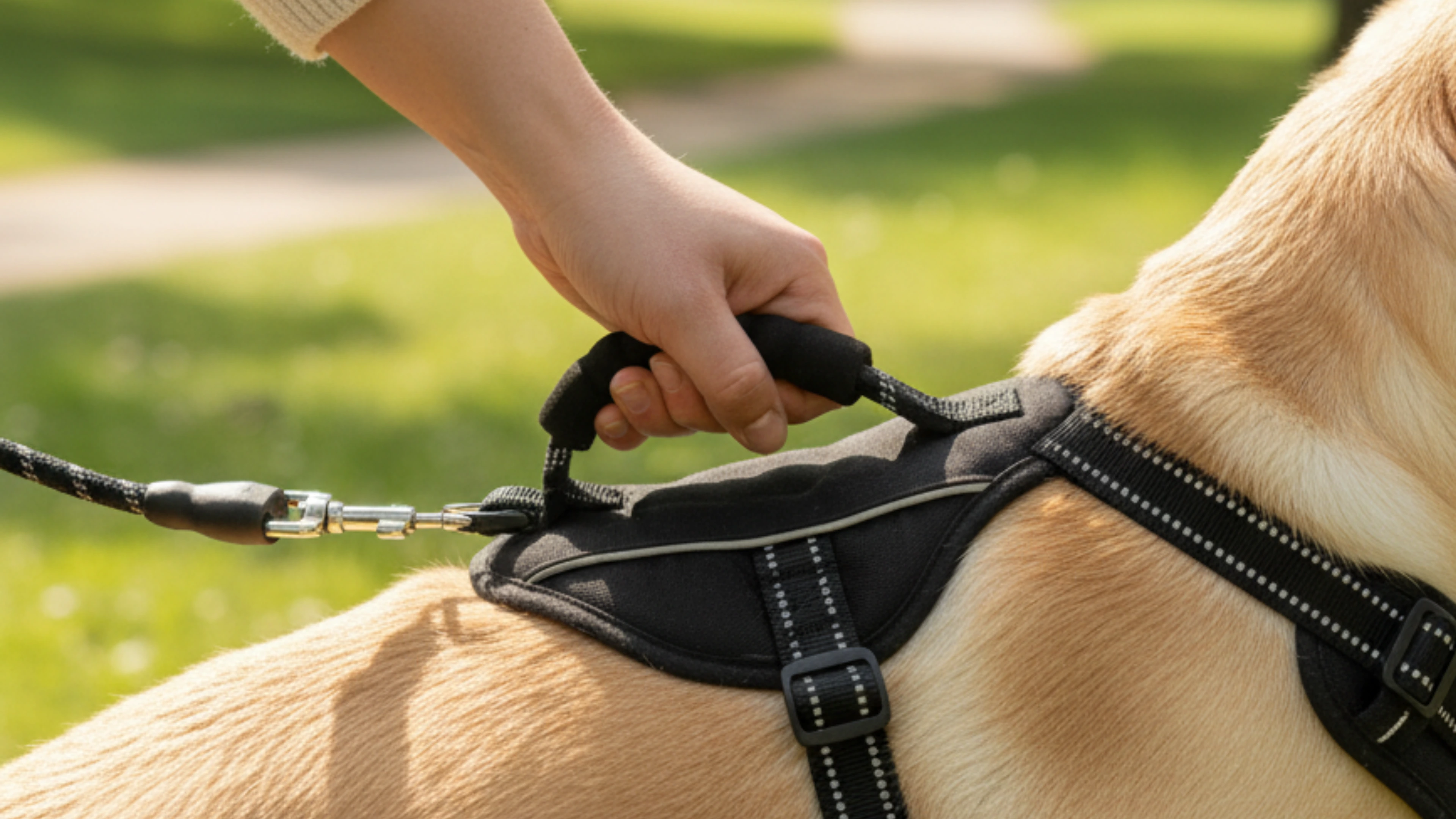 Person holding a dog's harness handle outdoors.