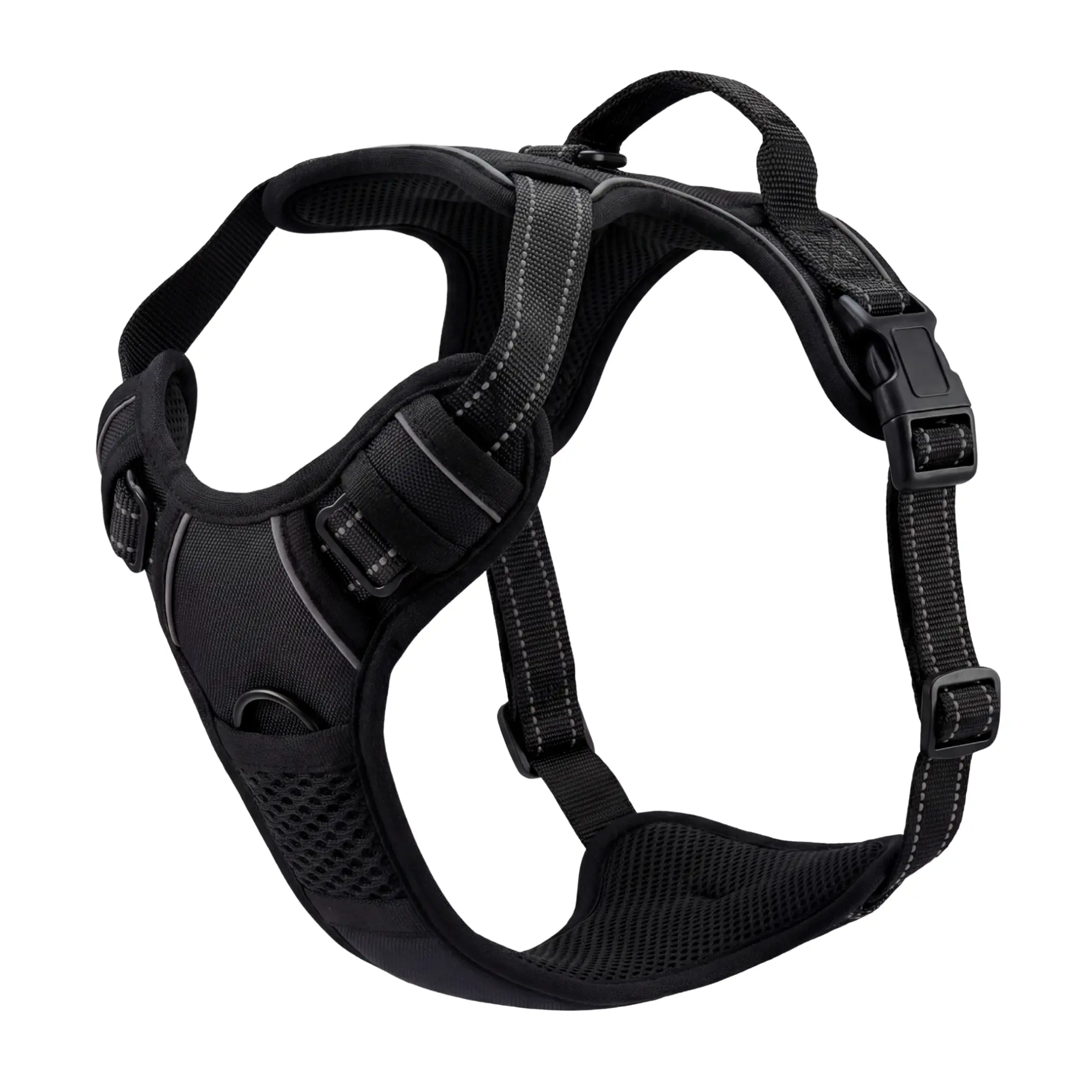 A black padded dog harness with reflective stitching and adjustable straps, isolated on a white background.