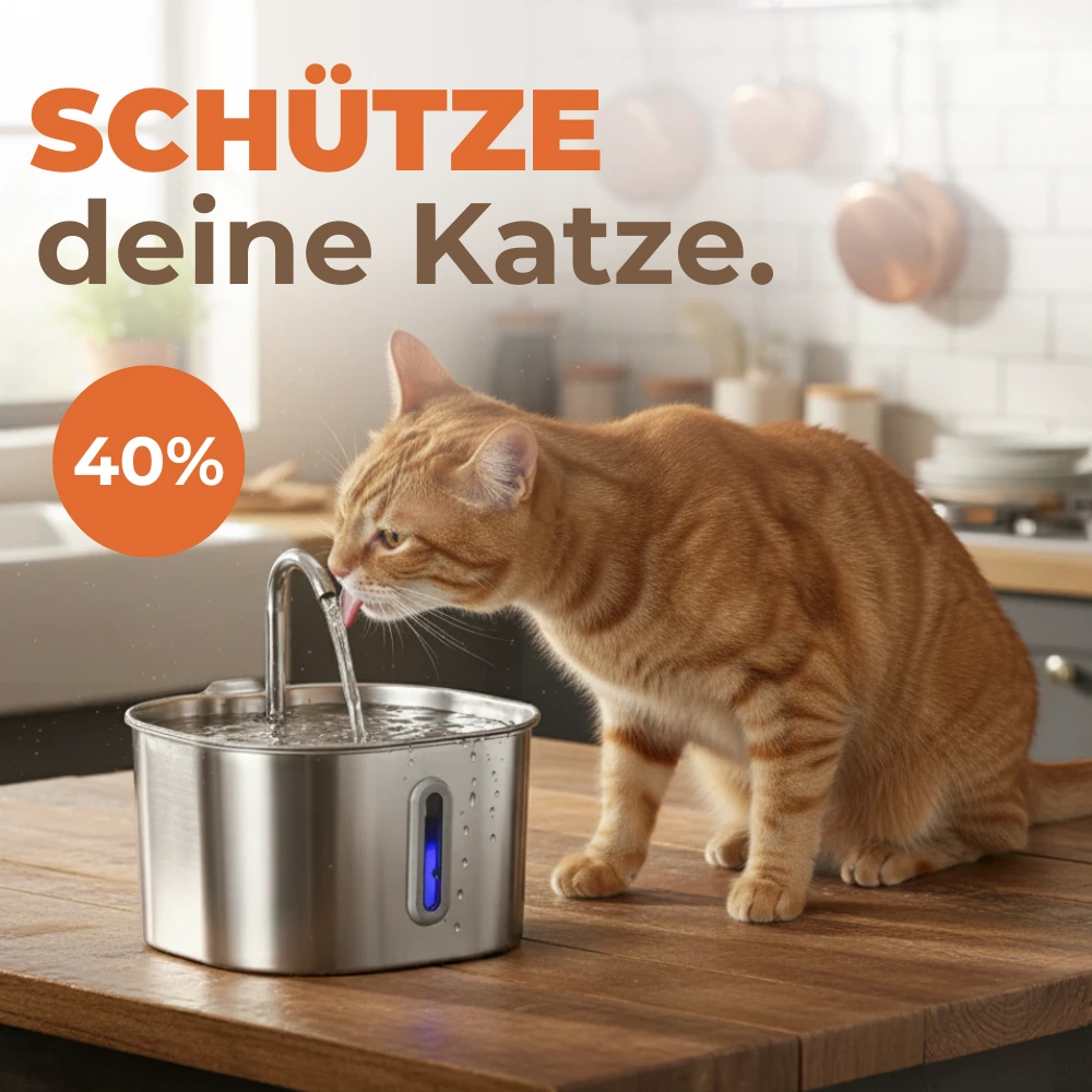 Orange cat drinking from a stainless steel fountain on a kitchen counter.