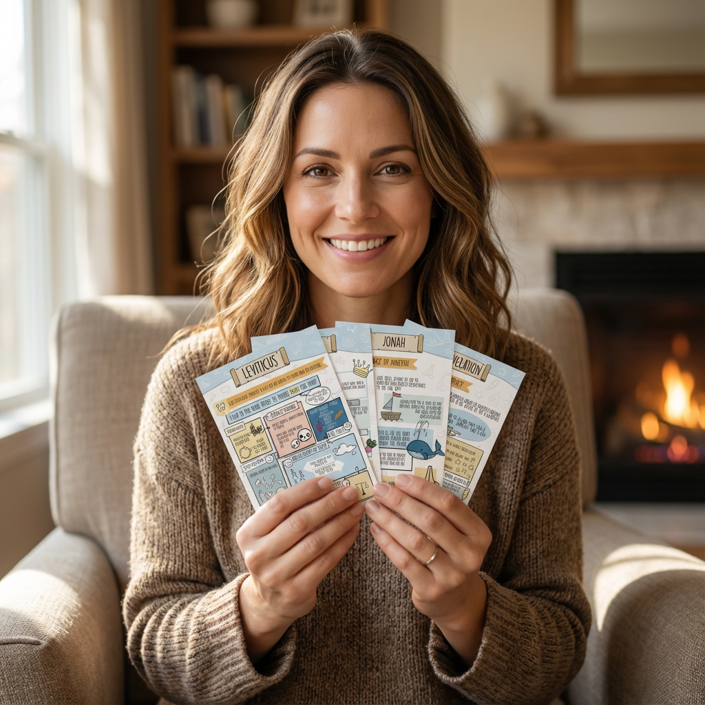Person sitting, holding illustrated cards, smiling indoors with a fireplace in the background.