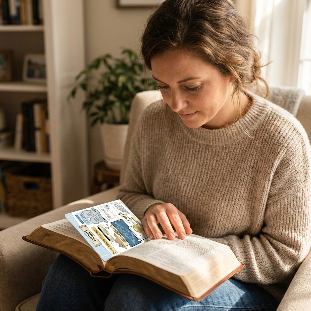 Person reading an open book with illustrations indoors.