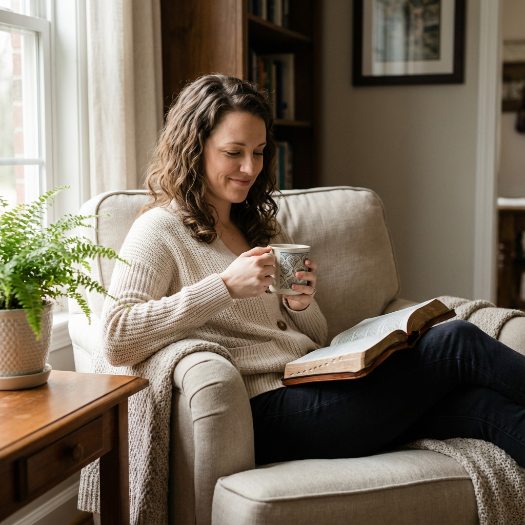 Person sitting on a chair, reading a book and holding a mug.