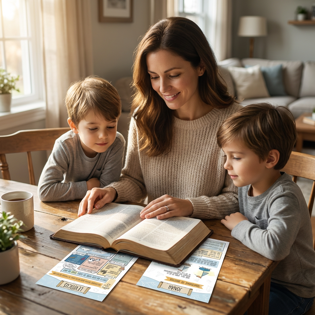 Woman reading a book with two young boys at a wooden table.