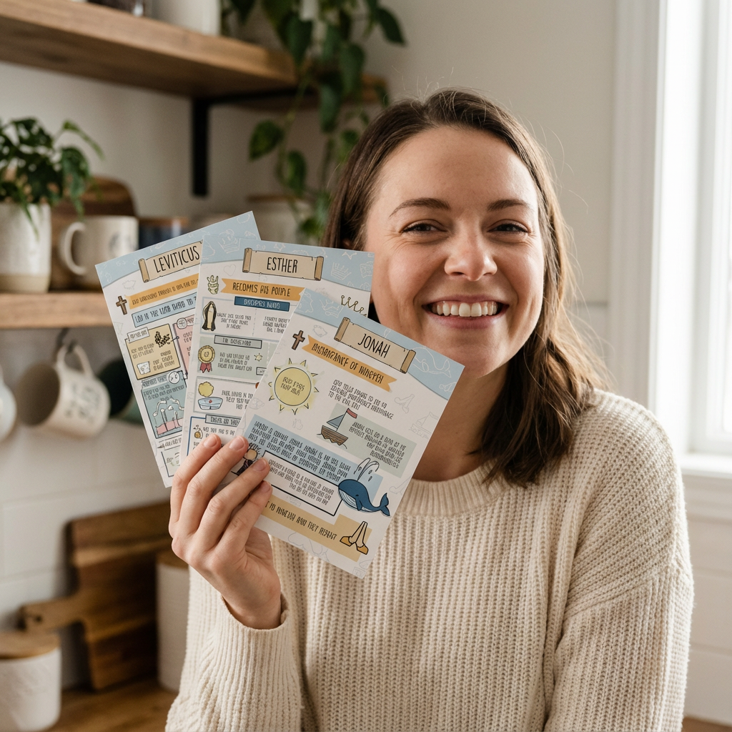 Person smiling, holding illustrated cards with biblical themes.