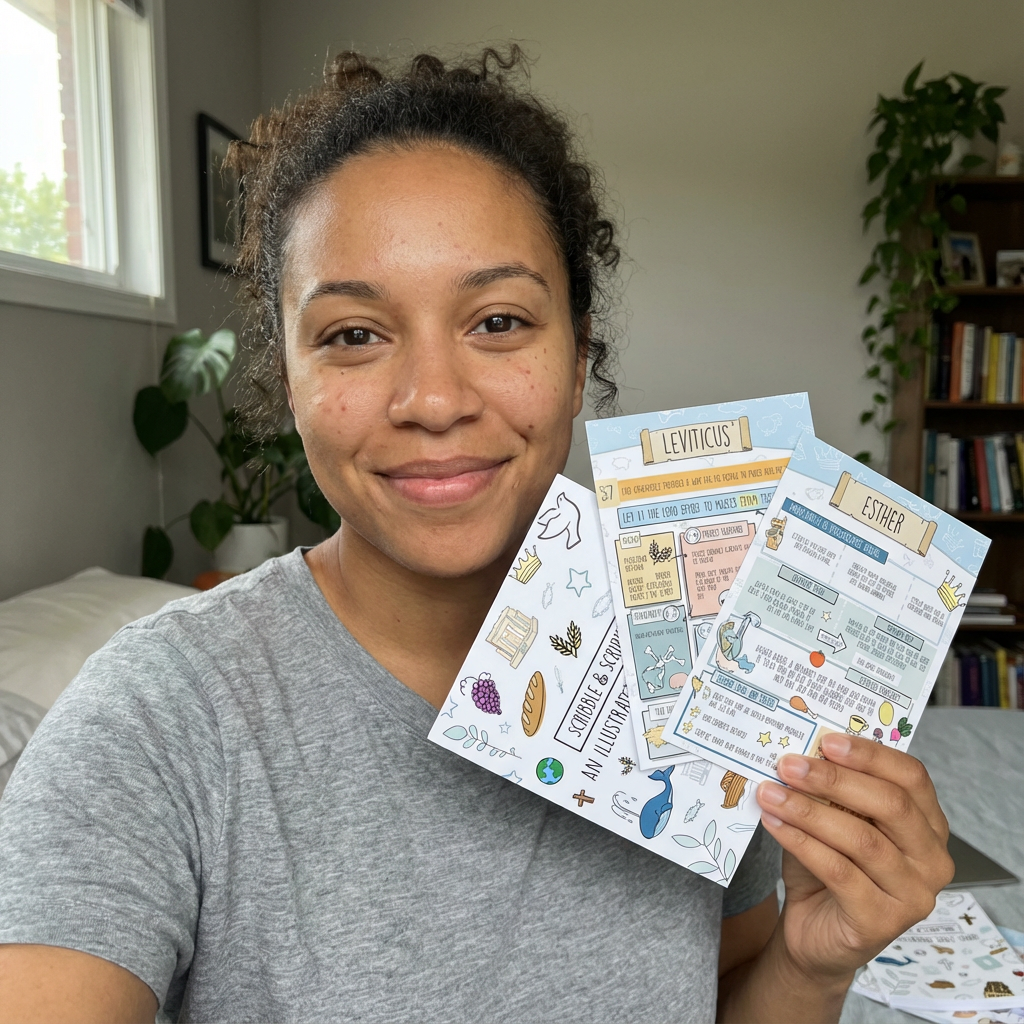 Person holding colorful illustrated cards in a room with plants and a bookshelf.