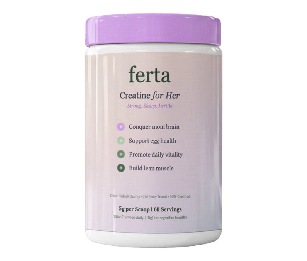 Container labeled 'ferta Creatine for Her' with a purple lid, listing product benefits.