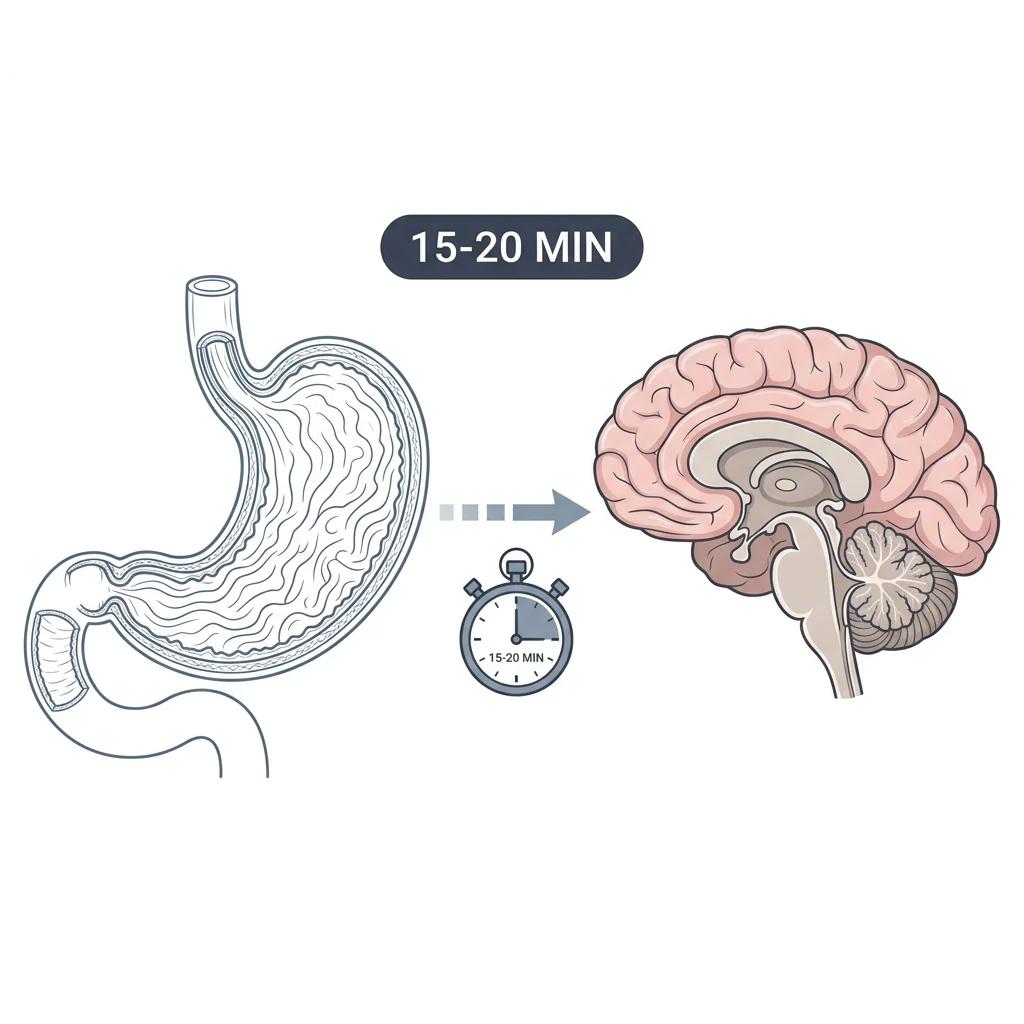 An illustration showing it takes 15-20 minutes for a signal to travel from the stomach to the brain.