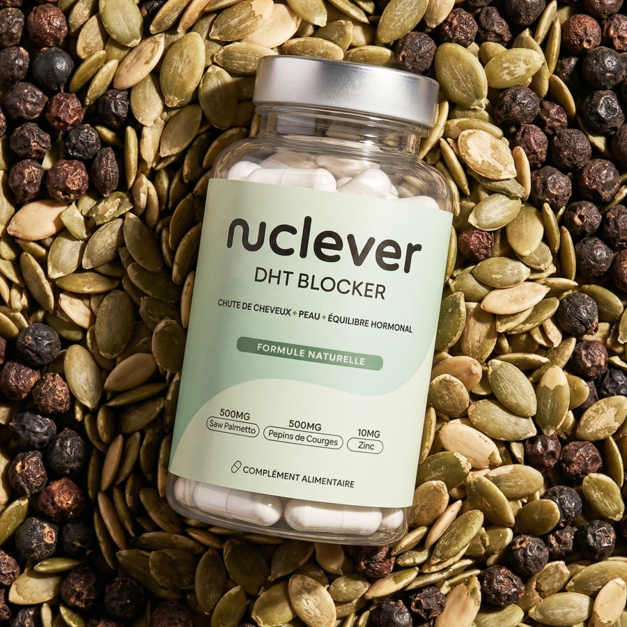 A bottle of nuclever DHT Blocker supplements sits on a bed of pumpkin seeds and black peppercorns.
