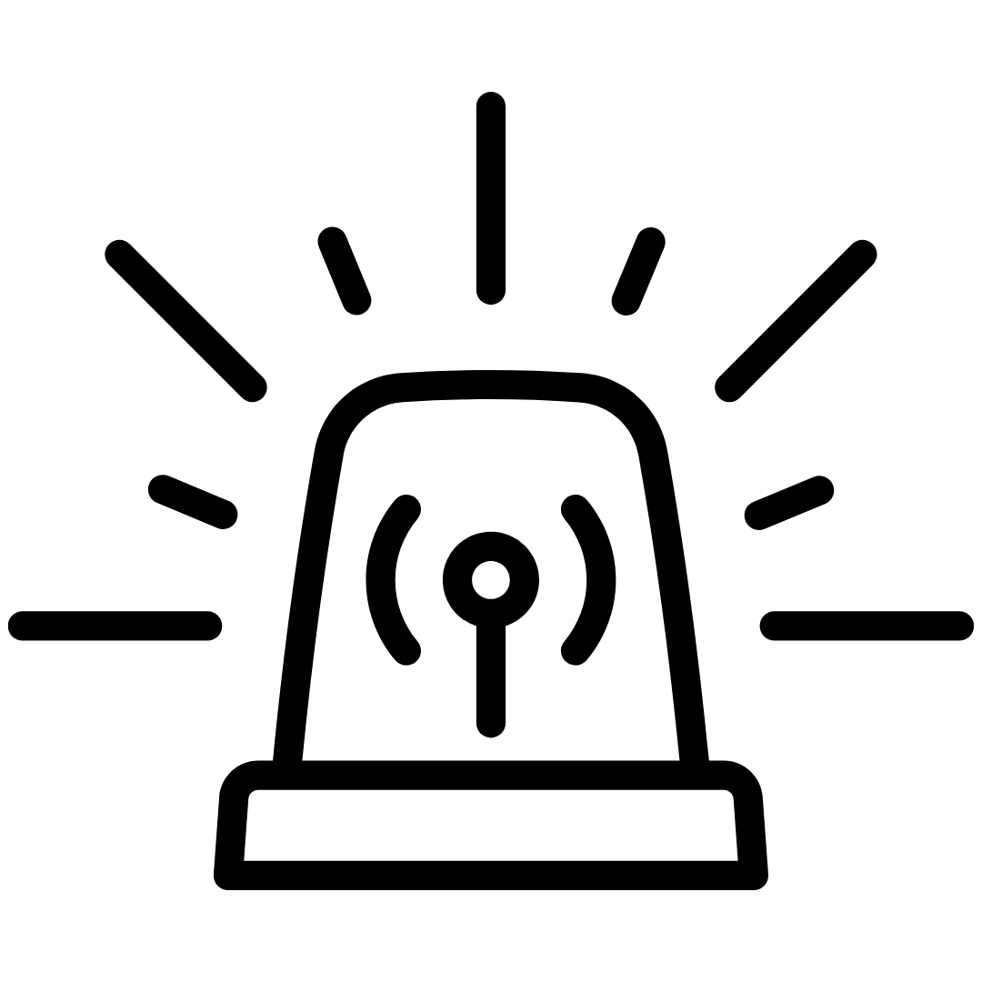 A black line icon of a flashing alarm siren on a white background.