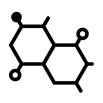 A black line icon of a chemical molecule with two hexagonal rings.