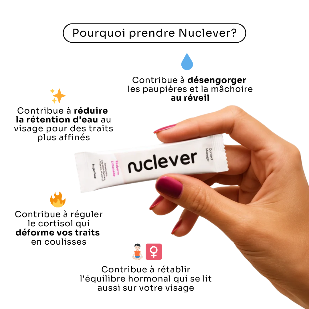 A hand holds a Nuclevər supplement packet on an infographic with French text explaining its benefits.