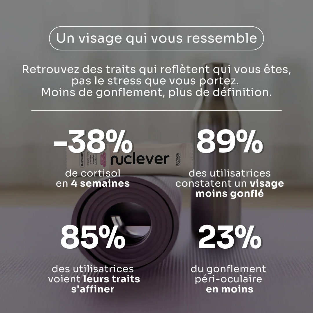 A wellness product packet on a rolled yoga mat and water bottle, with French text and statistics overlaid.