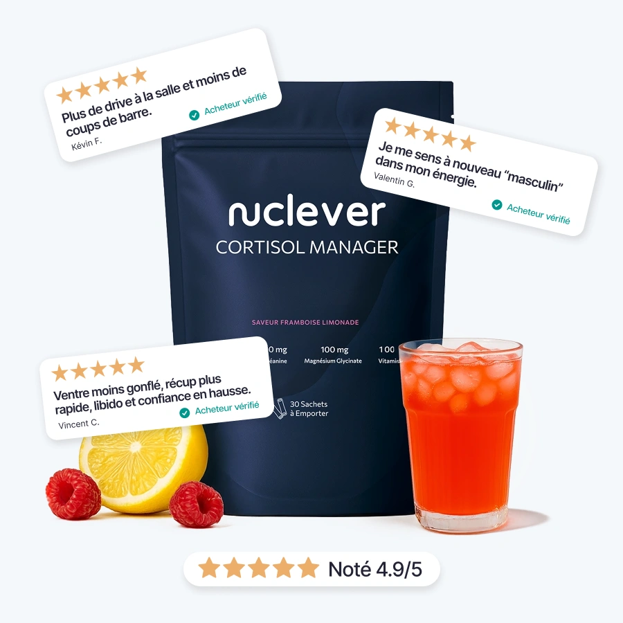 Product package with reviews, raspberries, lemon, and a glass of orange drink.