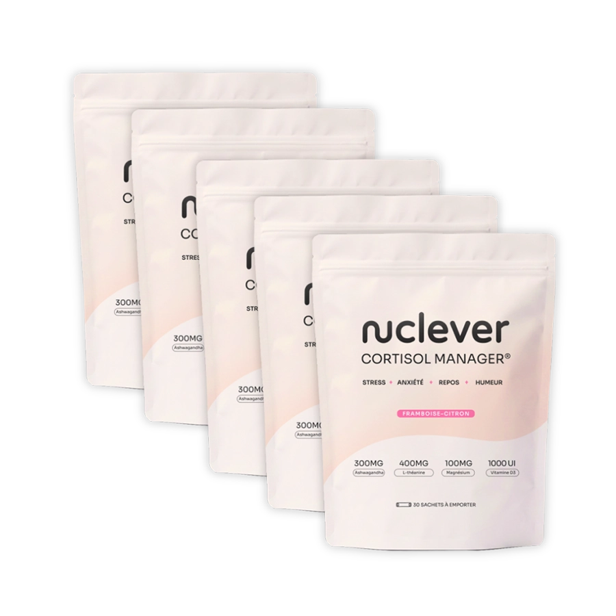 Five white pouches of nuclevver Cortisol Manager supplement, fanned out against a white background.