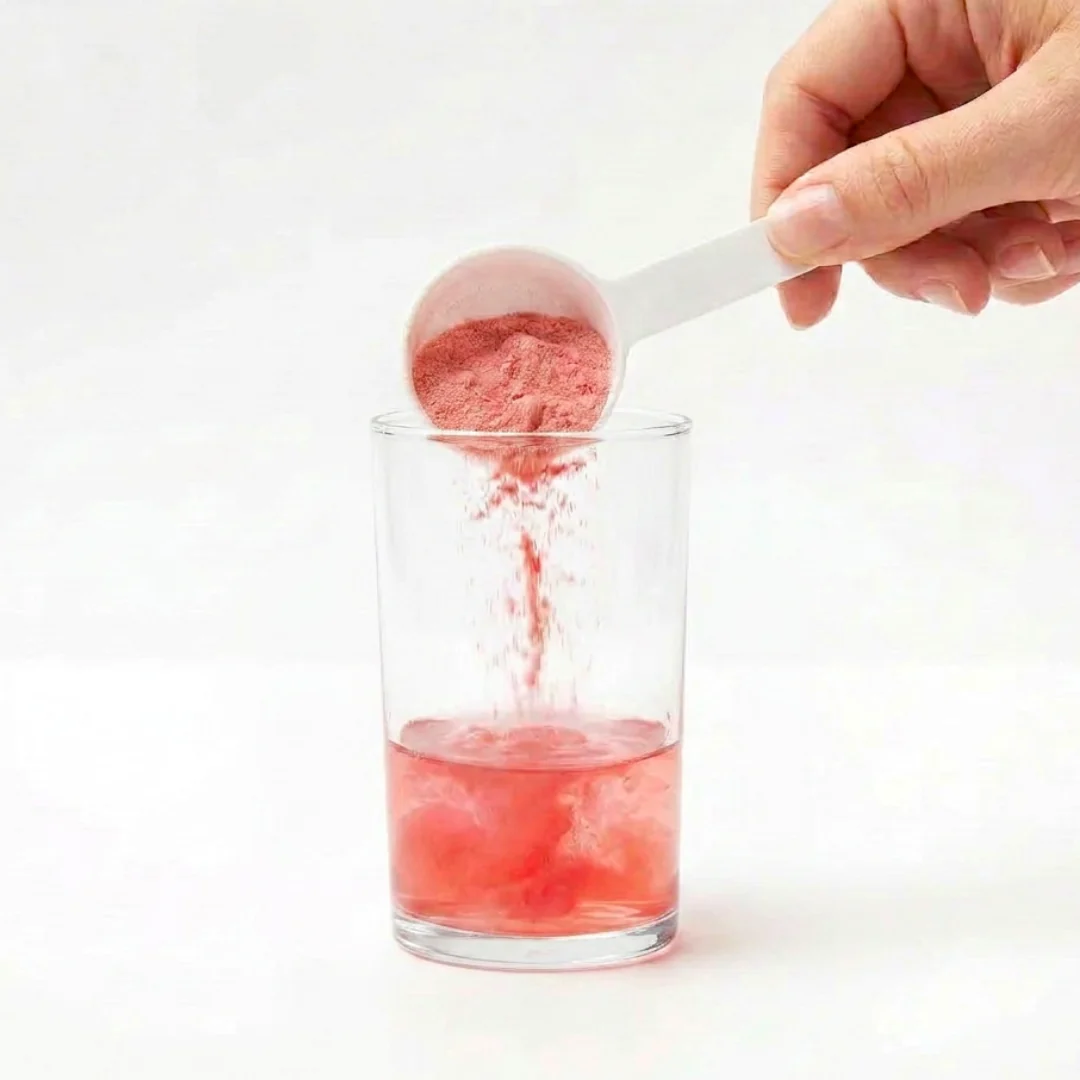 A hand holding a white scoop pours pink powder into a clear glass of liquid.