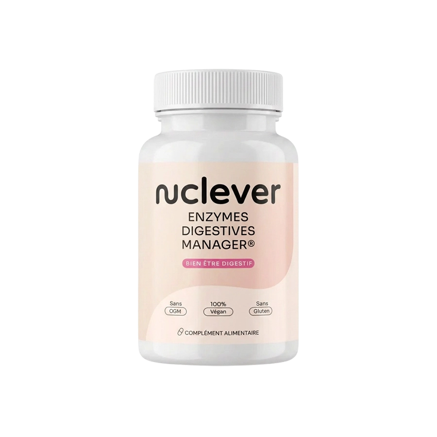 A white bottle of Nuclevver Enzymes Digestives Manager® supplements against a plain white background.