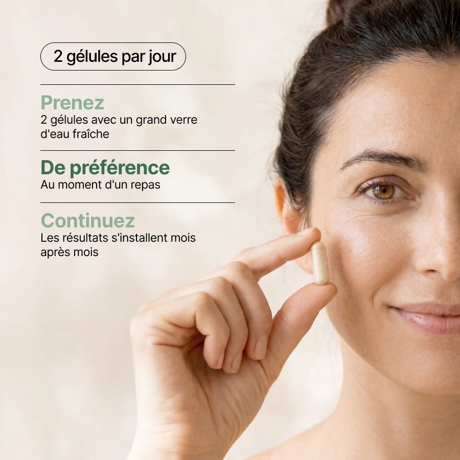A smiling woman holds up a supplement capsule next to French text with dosage instructions.