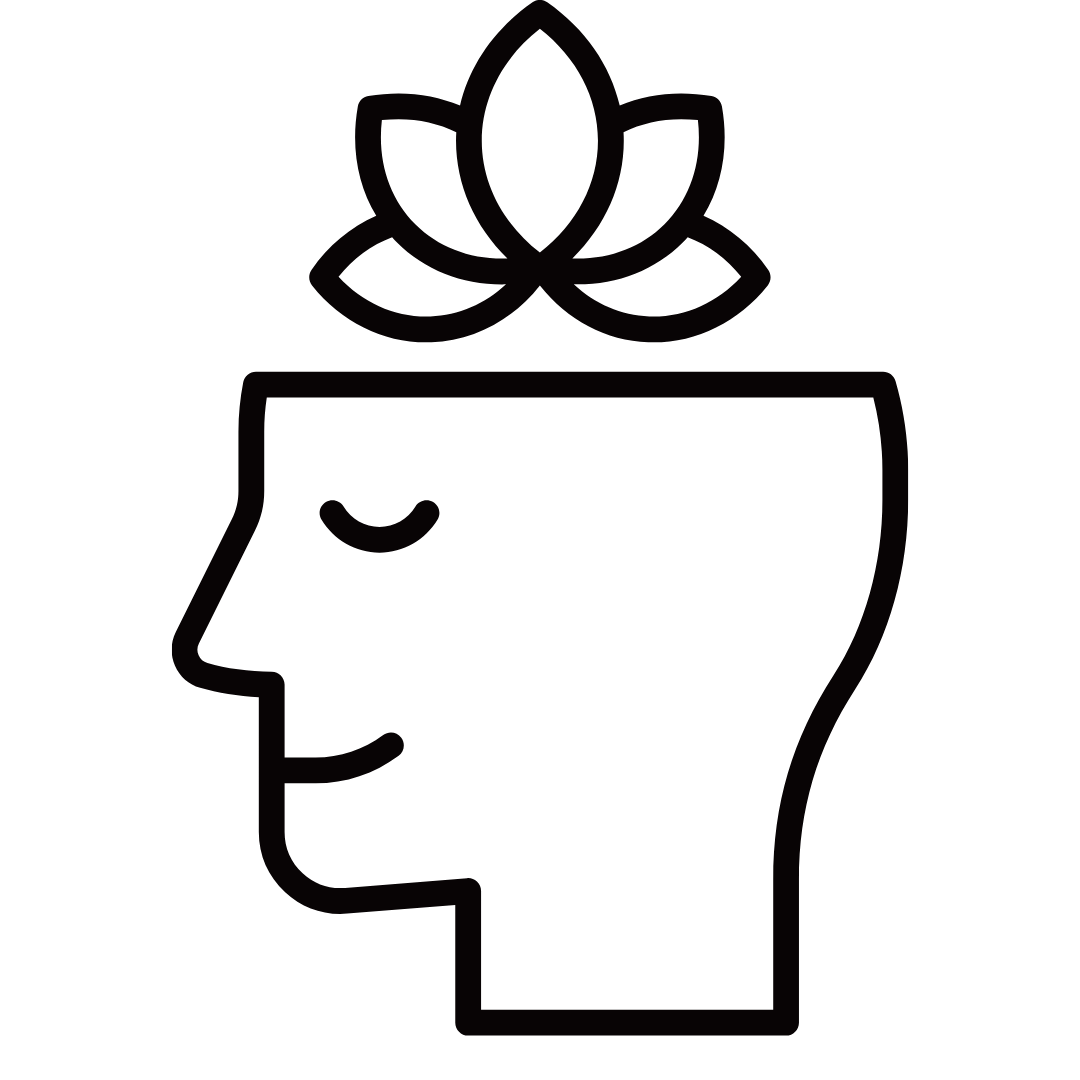 A line icon of a person's head with a serene expression and a lotus flower blooming from it.