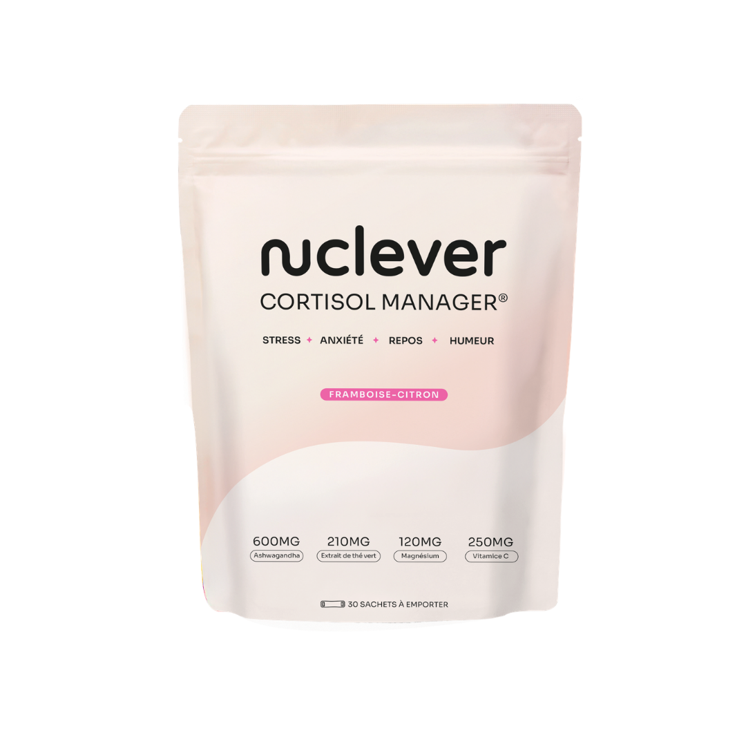 A white and pink pouch of nuclevver Cortisol Manager supplement, in raspberry-lemon flavor, against a white background.
