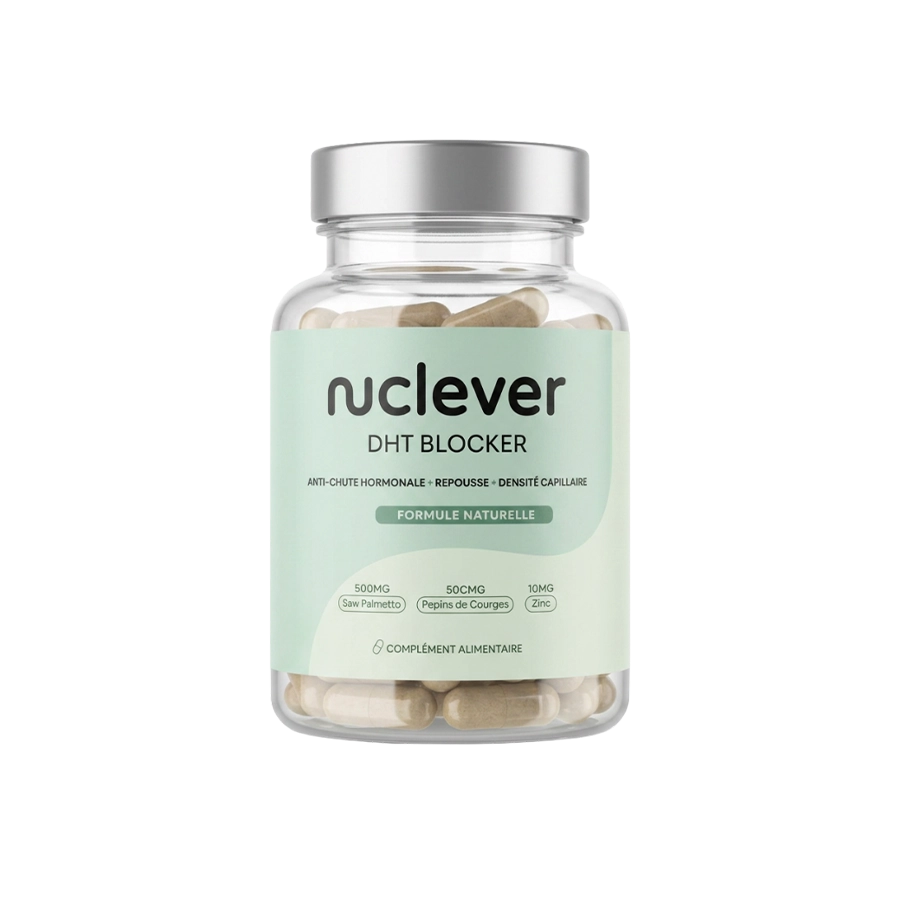 A clear bottle of nucleyer DHT Blocker capsules with a light green label on a white background.