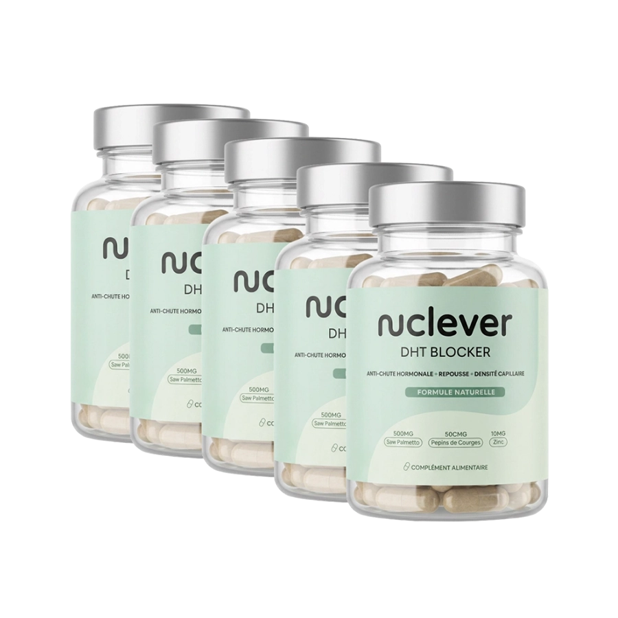 Five bottles of Nuclevver DHT Blocker dietary supplement arranged in a fanned-out row on a white background.