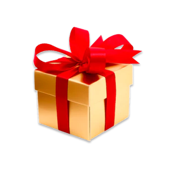 A gold gift box with a red ribbon and bow.