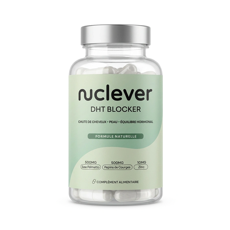 A clear bottle of Nuciever DHT Blocker capsules with a light green label against a white background.