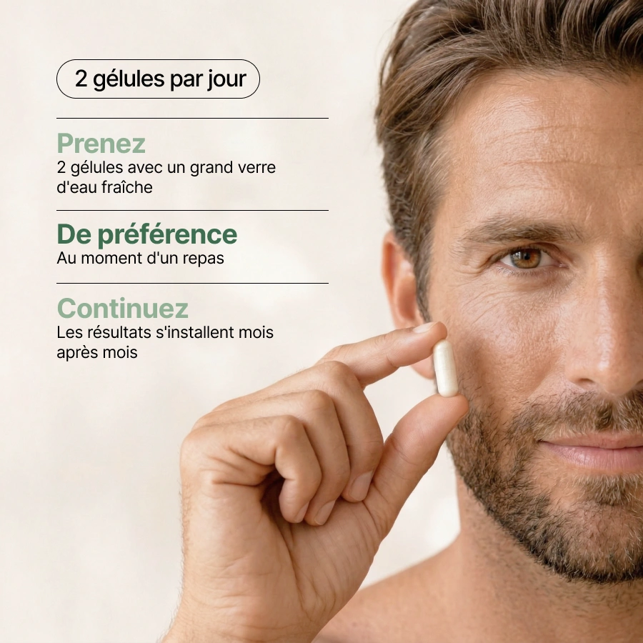 A man holds a white capsule next to his face, with French instructional text on the left side.